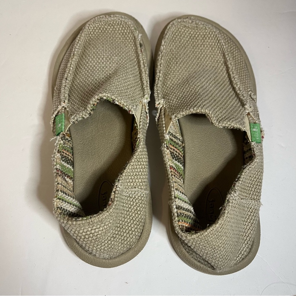 Sanuk Vagabond Sidewalk Surfer Slip On Casual Shoe Youth 3 Tan Tweed EUC Unisex